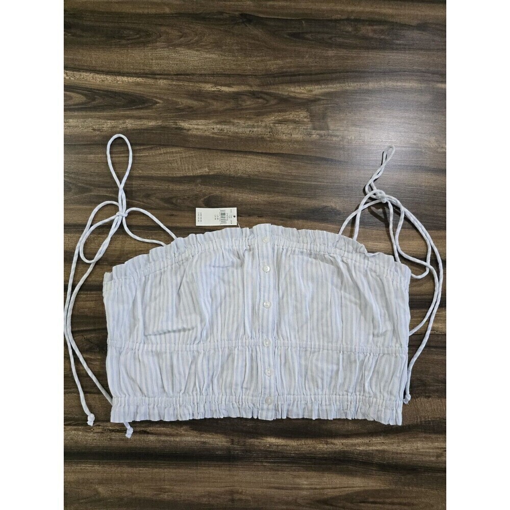 AERIE Button Front Crop Top Size M Striped Smocked Shoulder Tie Prairie Coquette - Picture 11 of 11